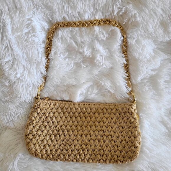 The Sak Original Gold Metallic Woven Crochet Shoulder Bag Chain Strap & Zipper - Picture 2 of 9
